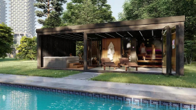 Garden, wellness sauna house in comfort design with canopy, terrace