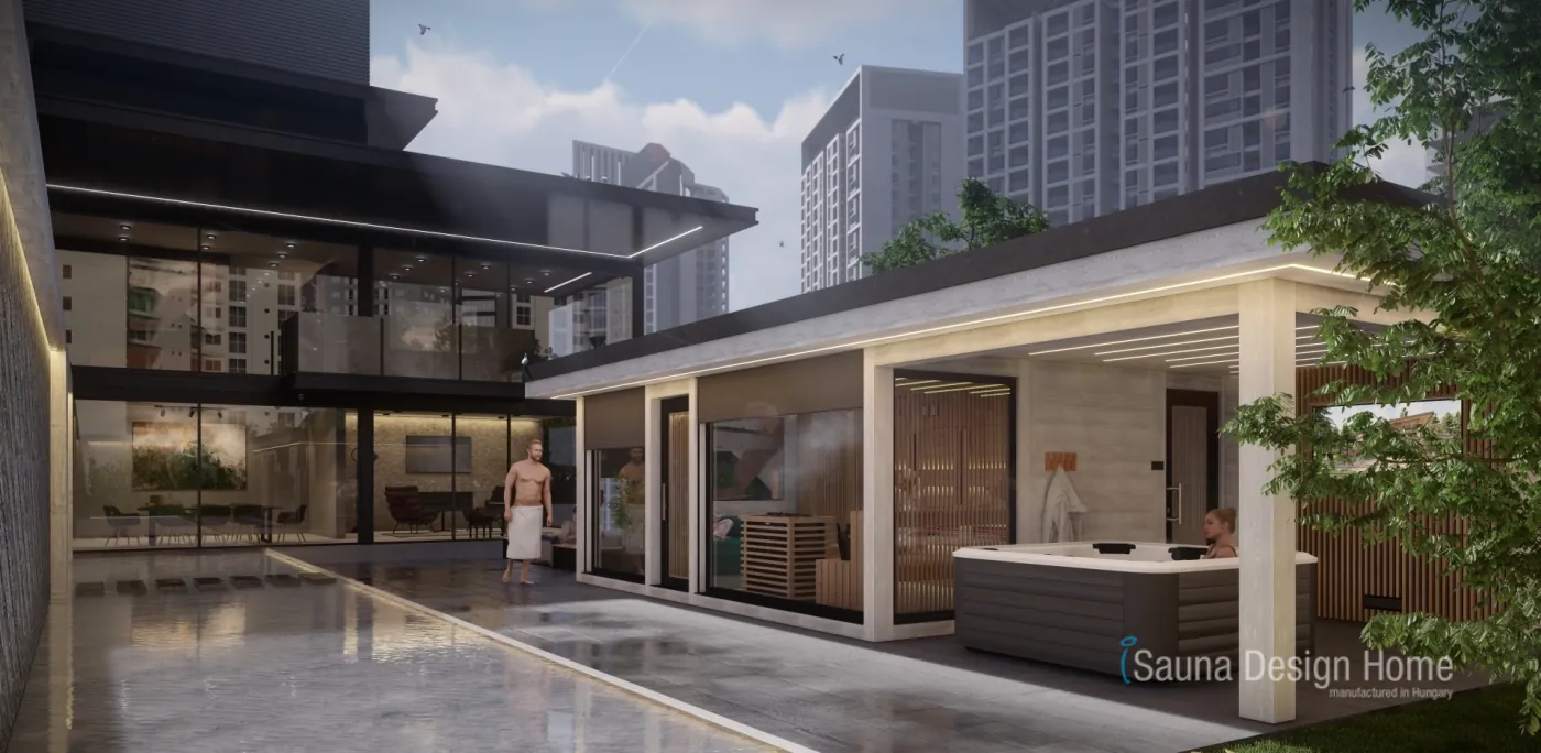 Outdoor premium sauna house in a private penthouse