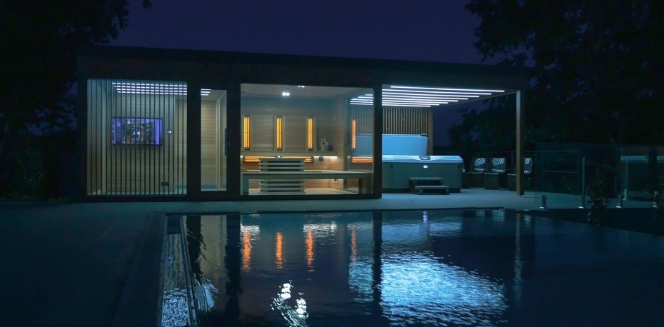 Outdoor sauna, garden sauna house on the shore of Lake Balaton