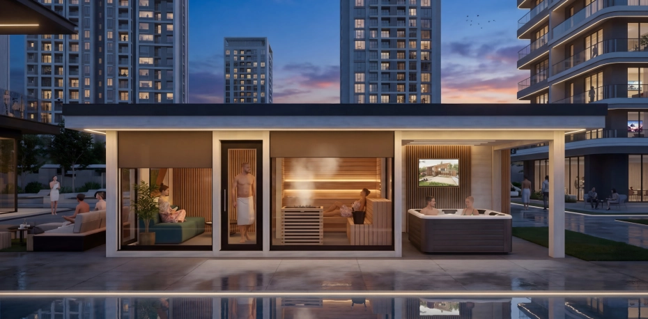 Outdoor premium sauna house in a private penthouse