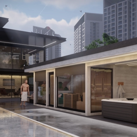 Outdoor premium sauna house in a private penthouse