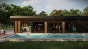 outdoor sauna house with pool