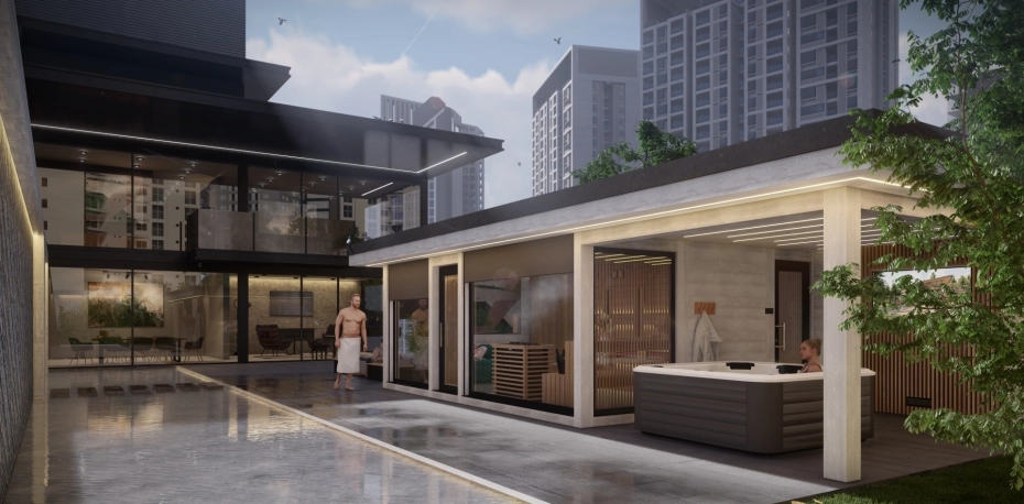 Outdoor premium sauna house in a private penthouse