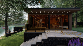 lakeside outdoor sauna house