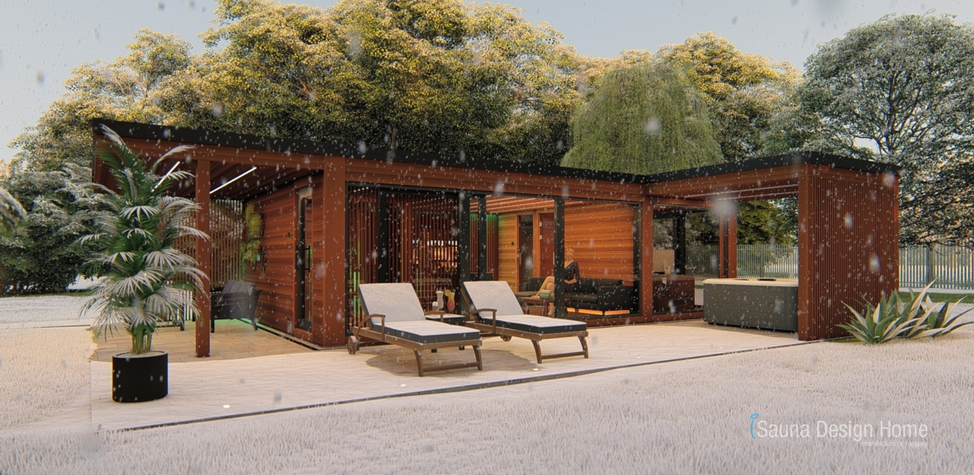 Stylish sauna house in winter atmosphere